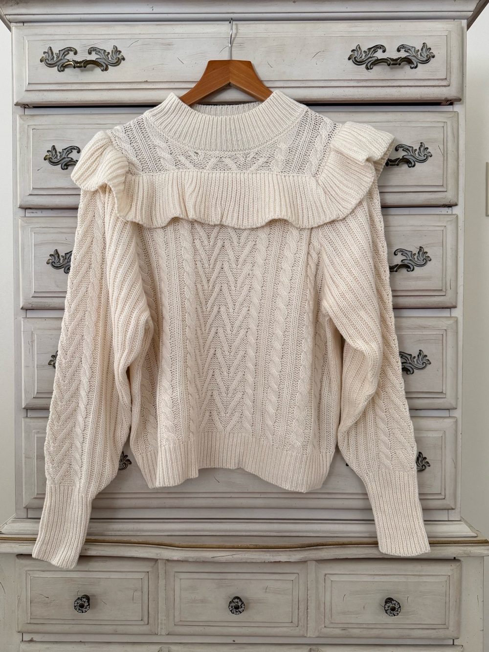 Cream Cable Knit Cottagecore Ruffle Sweater - Picture 2 of 5